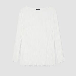 Eileen Fisher Long Sleeve White Crinkled Knit Round Neck Blouse